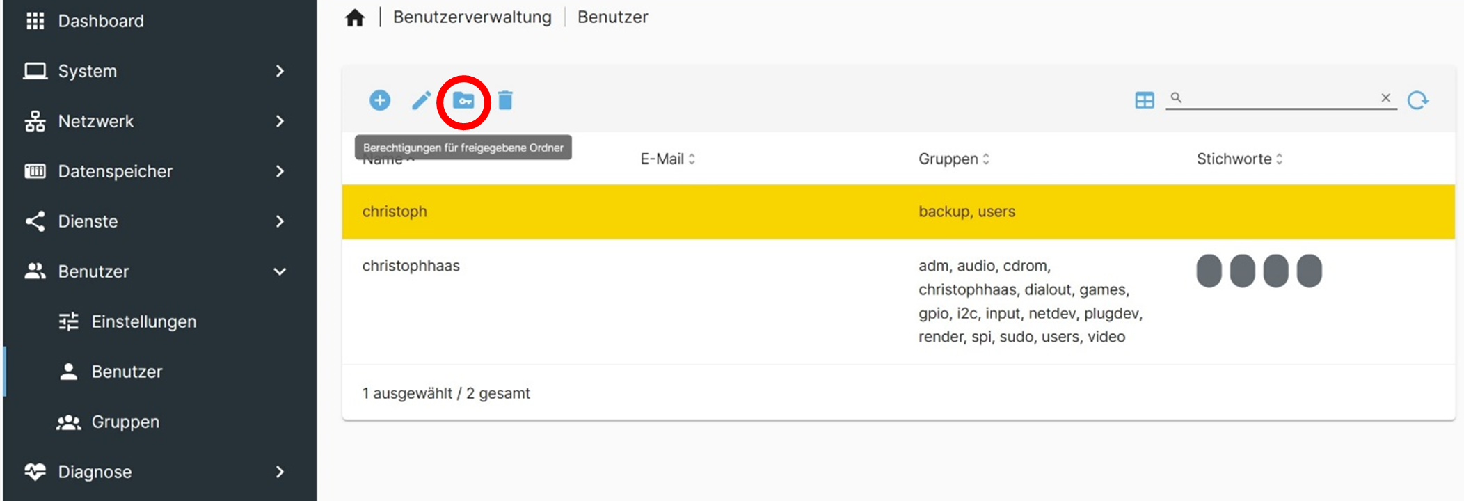 Verzeichnis zum Löschen angewählt